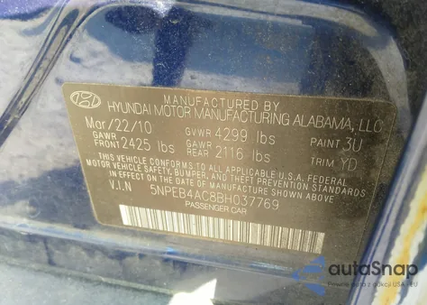 2011 Hyundai Sonata Gls from USA, damaged, VIN 5NPEB4AC8BH037769